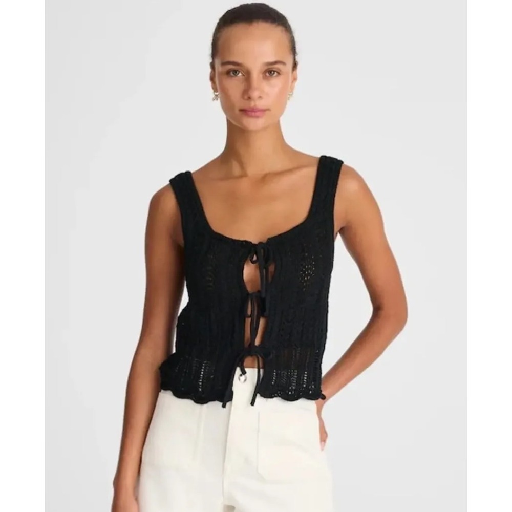 Madewell Pointelle-Stitch Tie-Front Sweater Tank L Black Vest Crochet Coquette